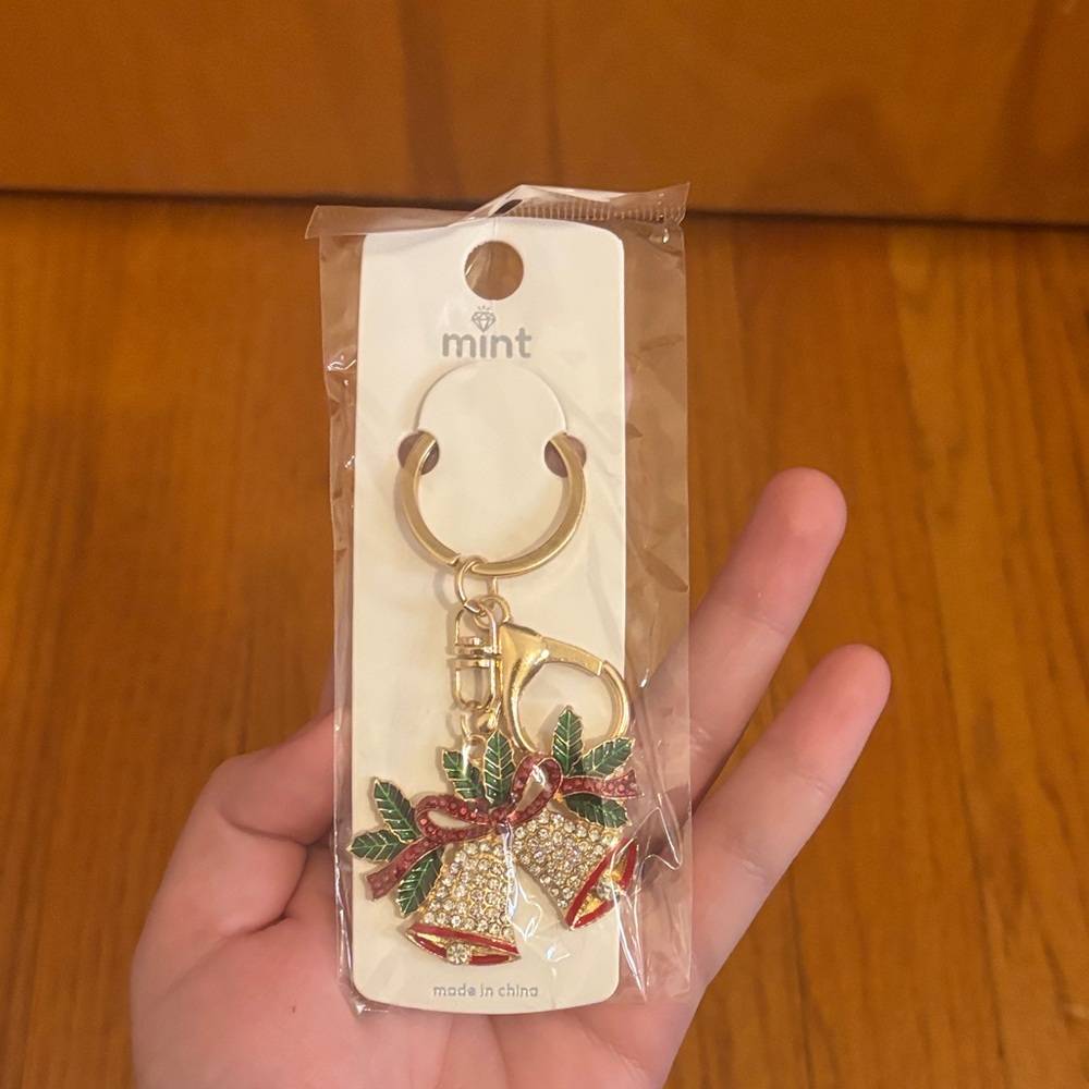 Mint Festive Gold and Red Bell Bag Charm Keychain